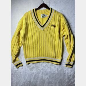 Vintage University of Michigan Academic Sweater Cable Knit Wolverines V-Neck 80s